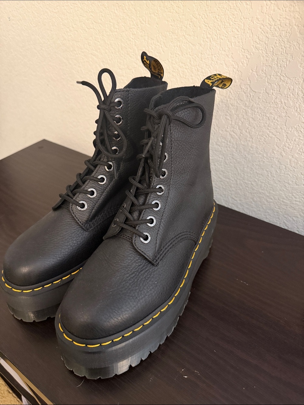 Dr. Martens Black Leather Platform Boots with Yellow Stitching - Picture 4 of 10